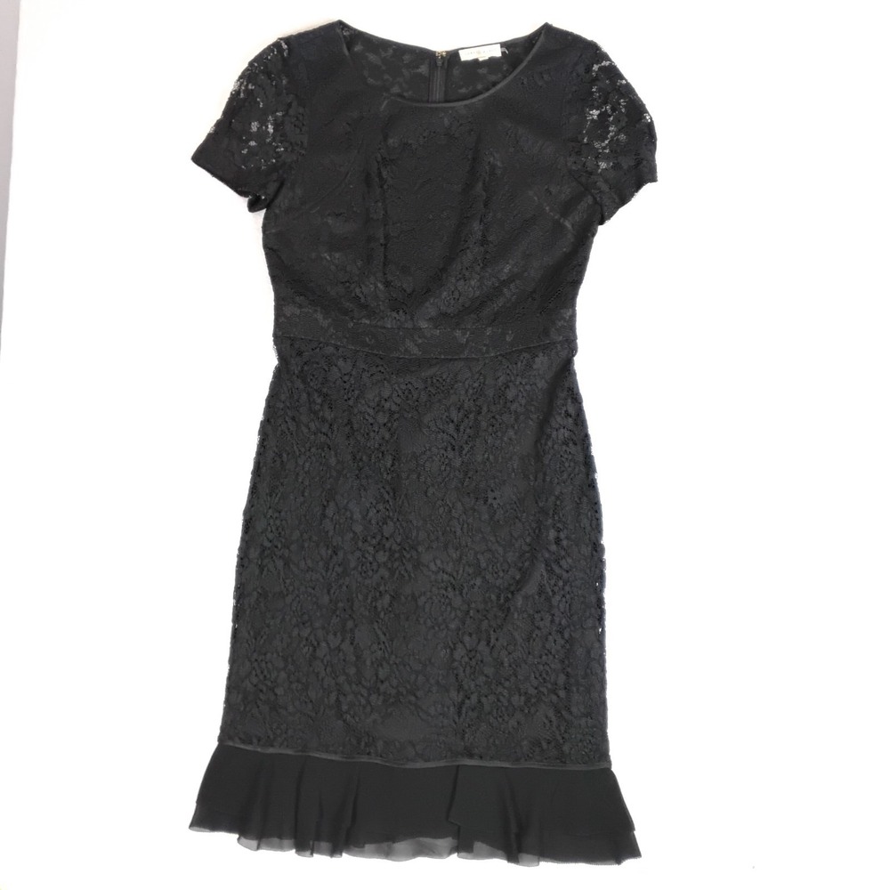 Tory Burch Womens 12 Black Lace Sheath Dress Ruffle Hem Short Sleeve Cocktail